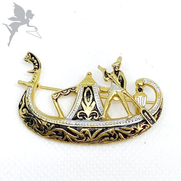 VINTAGE SPAIN Signed 1950's Damascene Toledo Spain Gondola Pin - Picture 1 of 6